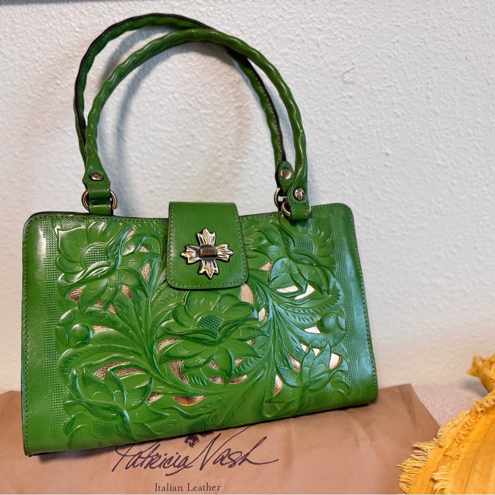 Patricia Nash Rosina Satchel Green Handbag Tooled Leather Italian Shoulder Bag